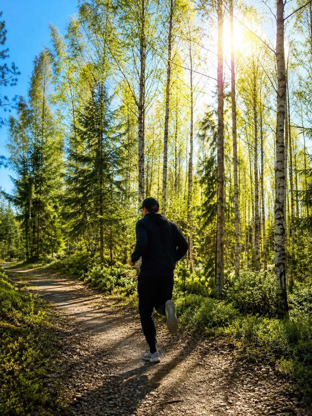 Mies lenkkeilemässä metsässä