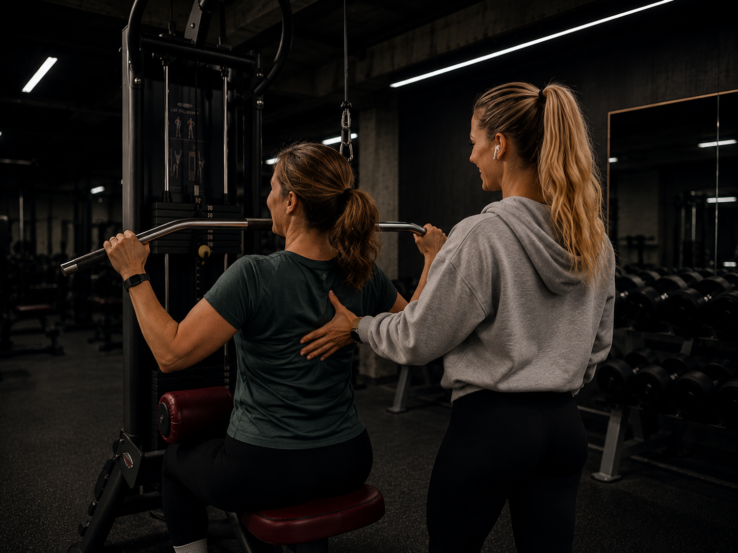 Nainen personal trainerin kanssa salilla