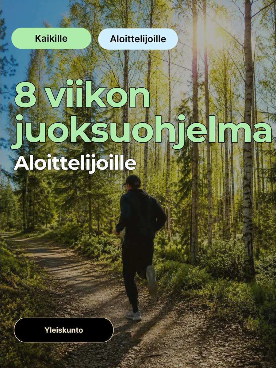 Juoksuohjelman kansi: 8 viikon runko aloitteleville, polkujuoksija ja otsikko