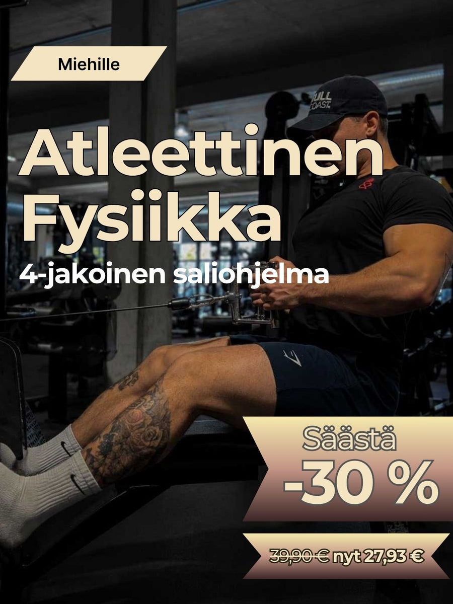 Atleettinen fysiikka - 4-jakoinen saliohjelma; urheilijan treenikuva.