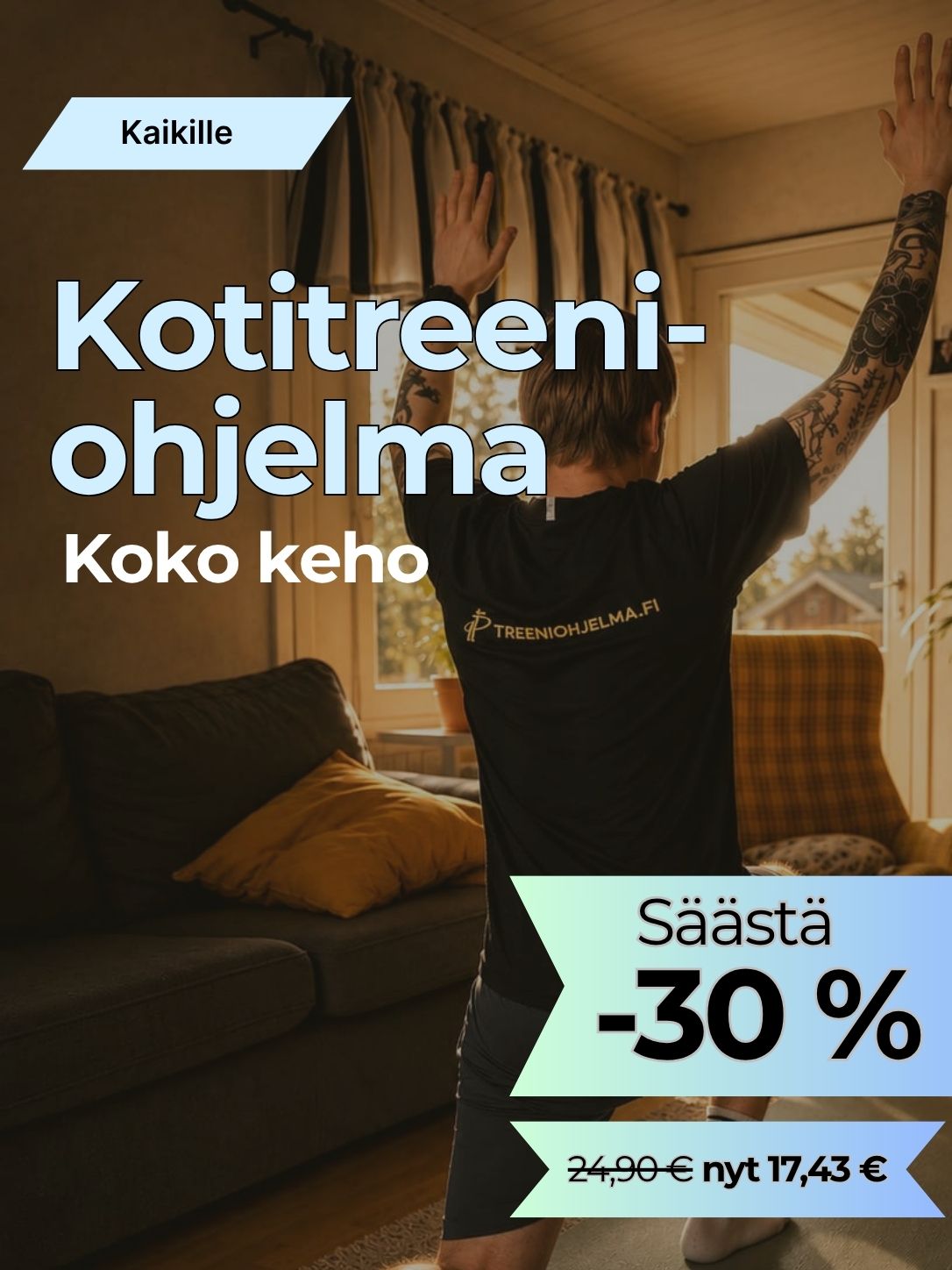 Kotitreeniohjelma koko keholle: aloittelijan venyttelyharjoitus käsivarsien yläasennossa.
