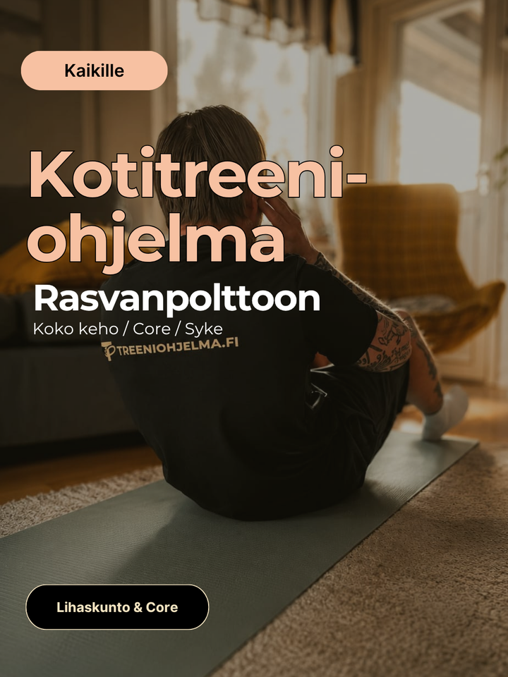 Kotitreeniohjelma Rasvanpolttoon: nainen tekee vatsaliikettä jumppamatolla.