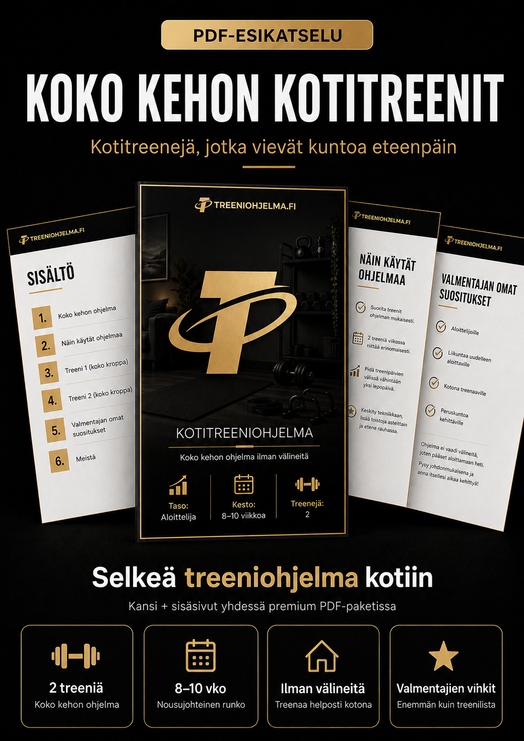 Kotitreeniohjelma PDF koko keho, aloittelijafokus; kansi ja kolme sivuesitettä