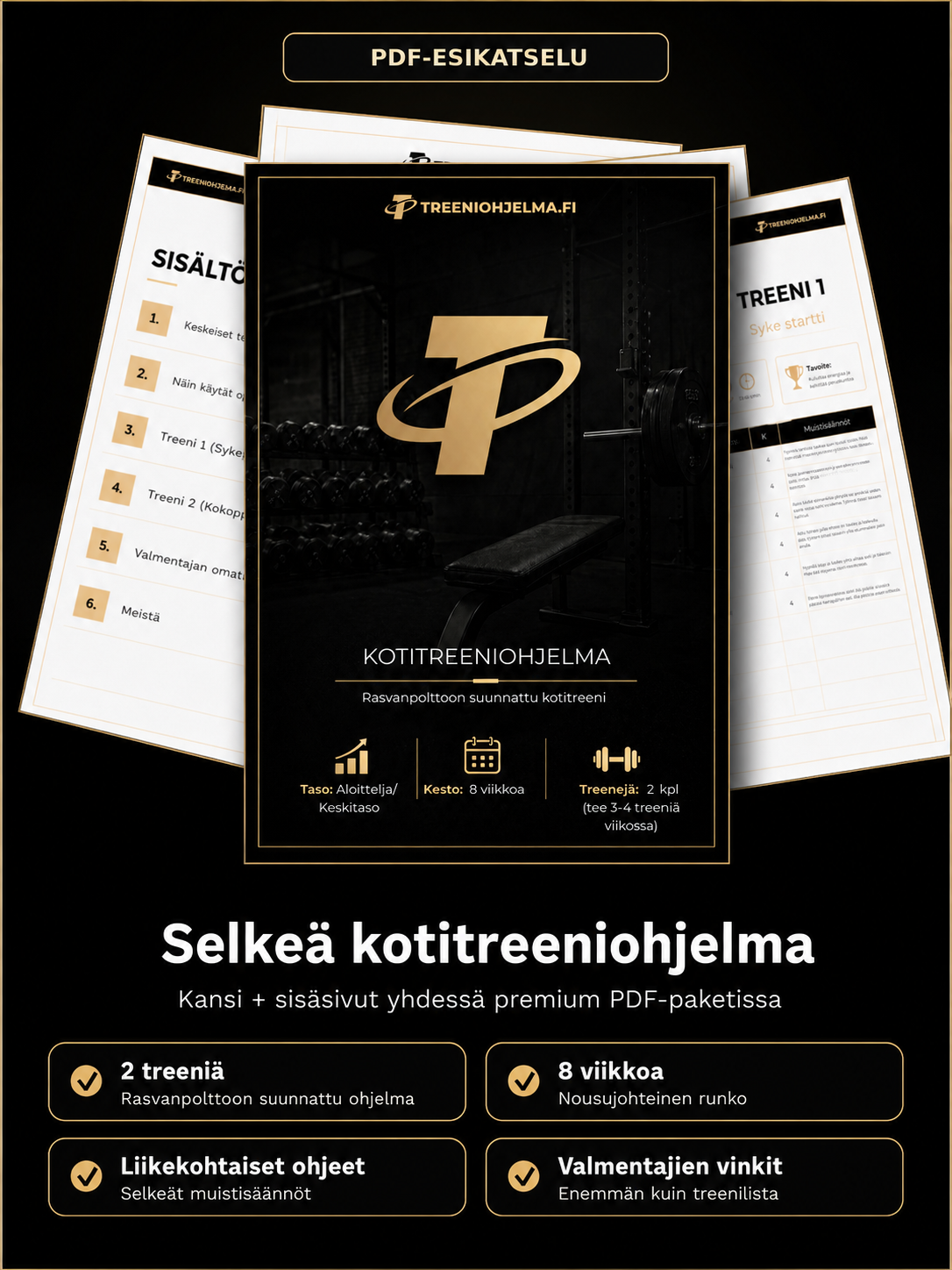 Kotitreeni PDF -oppaan kansi ja aukeamat treeniohjeineen