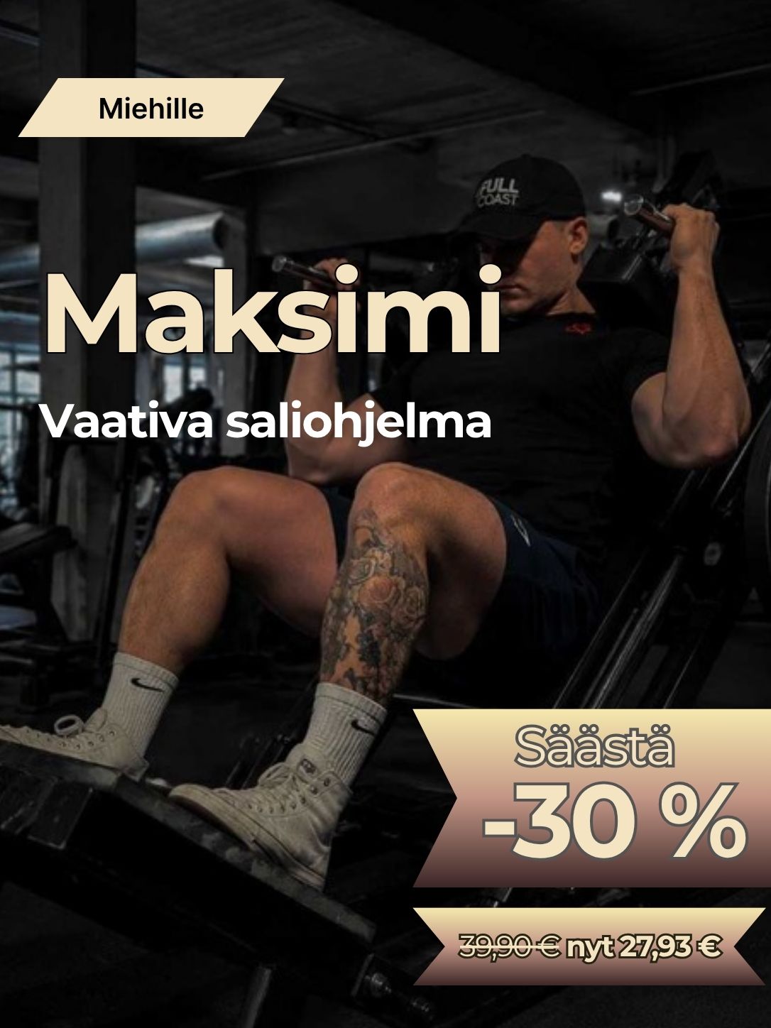 Vaativa 2-jakoinen saliohjelma miehille, kuntosalilla harjoitteleva mieshenkilö.