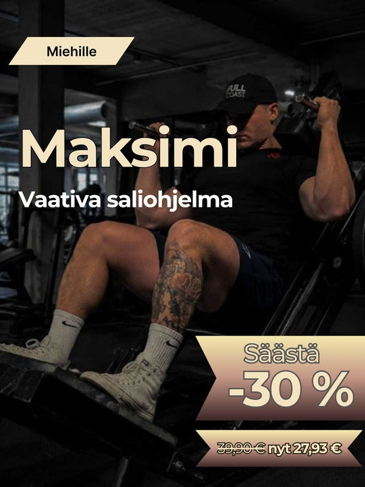 Vaativa 2-jakoinen saliohjelma miehille, kuntosalilla harjoitteleva mieshenkilö.
