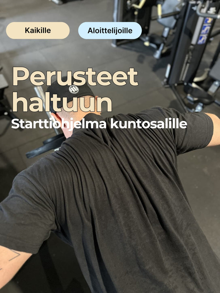 Kuntosalille tarkoitettu starttiohjelma, jossa suuri otsikko Perusteet haltuun