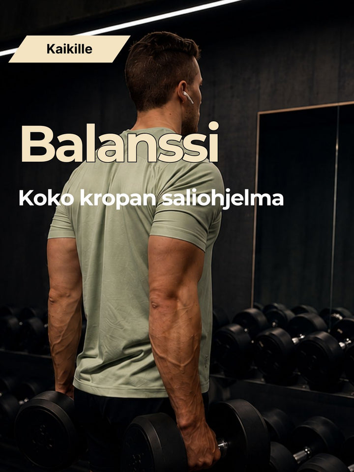 Treeniohjelman kansi: Balanssi- ja Koko kropan saliohjelma -teksti