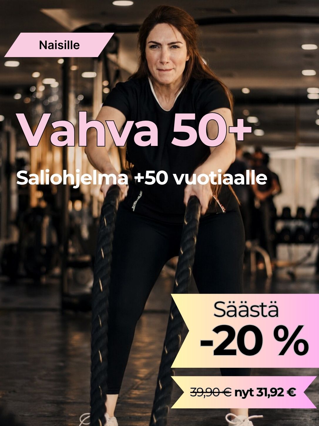 Vahva 50+ -kuntosaliohjelma naisille; tummassa urheiluasussa treenaava nainen